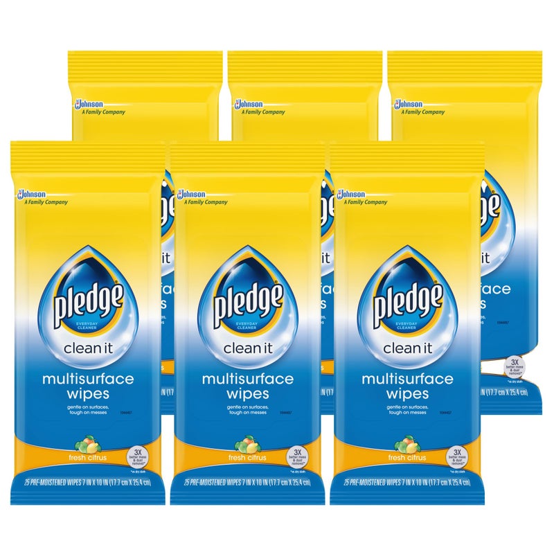 Pledge Multi-Surface Furniture Polish Wipes, Works on Wood, Granite, and Leather, Cleans and Protects, Fresh Citrus - Pack of 6 (150 Total Wipes) - Image 1